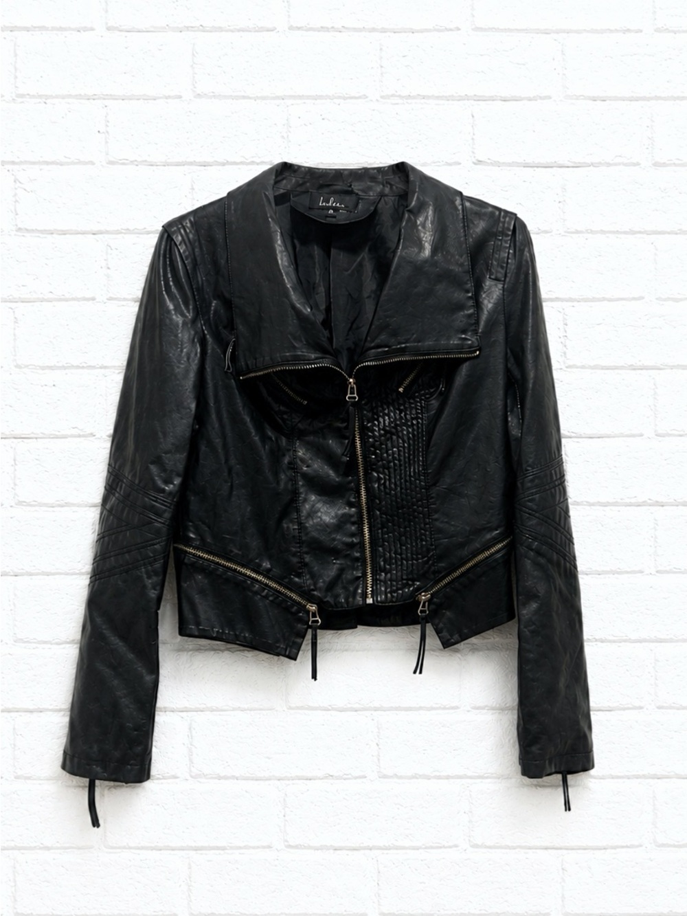 Lulu's Black Faux Leather Moto Jacket with Asymmetrical Zip Women’s Size Large